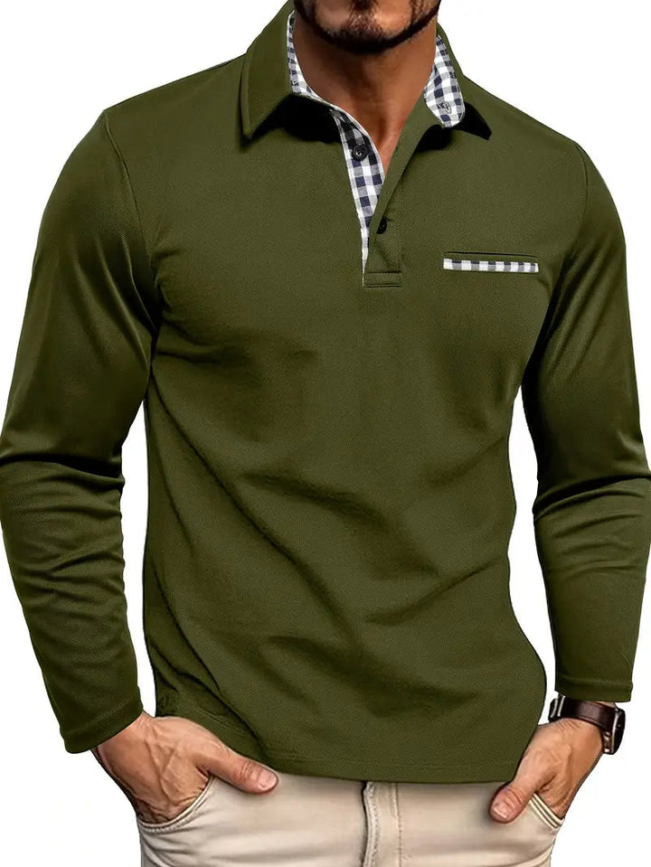 Smart casual heren polo met lange mouwen, borstzak en geruite bies voor een modieuze look