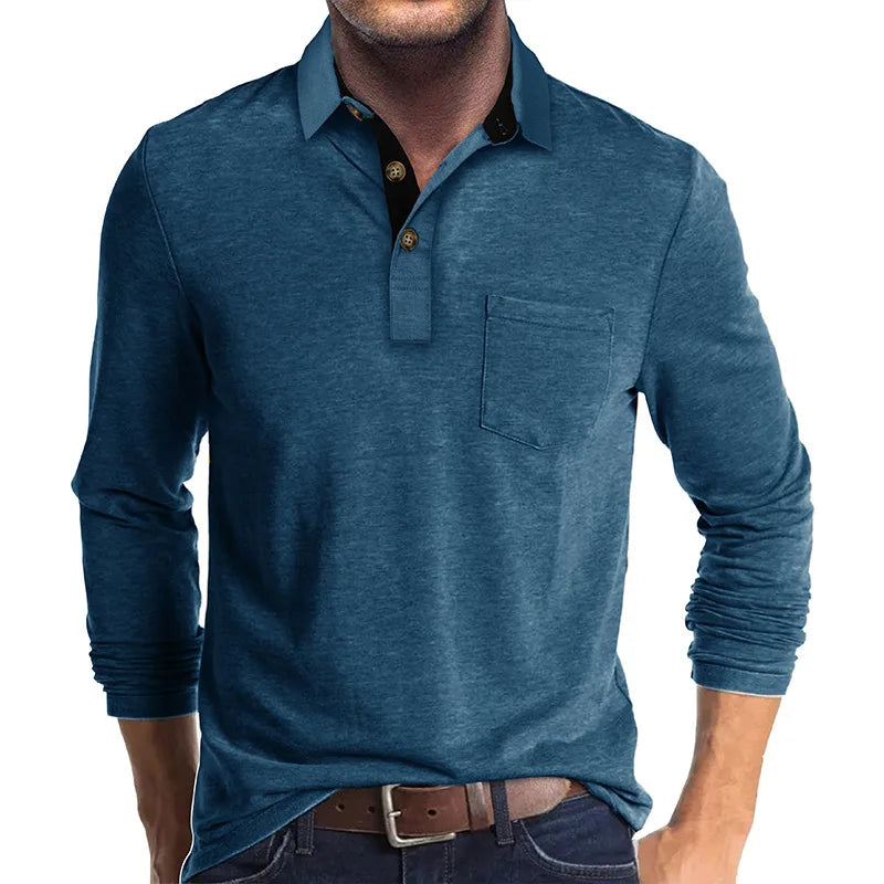 Detail van de ademende stof van deze comfortabele heren langemouw polo.