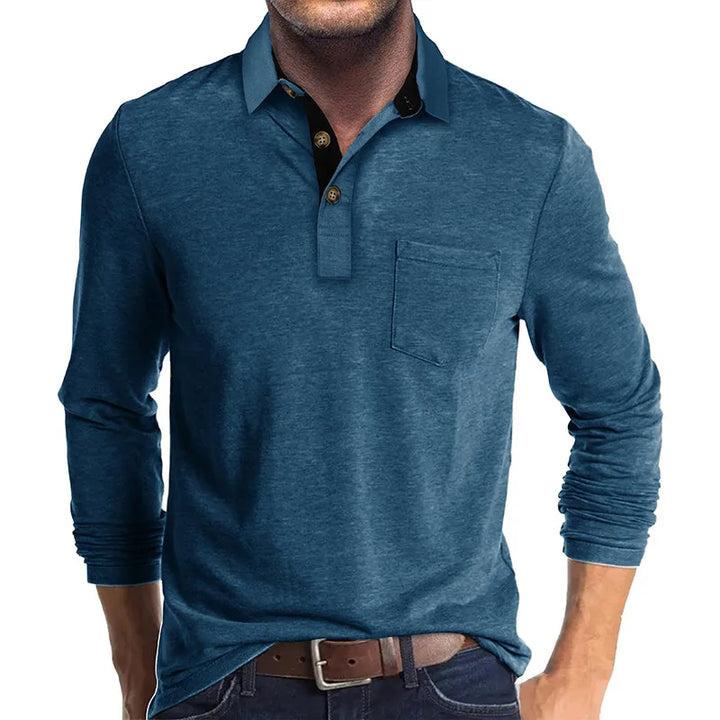 Detail van de ademende stof van deze comfortabele heren langemouw polo.