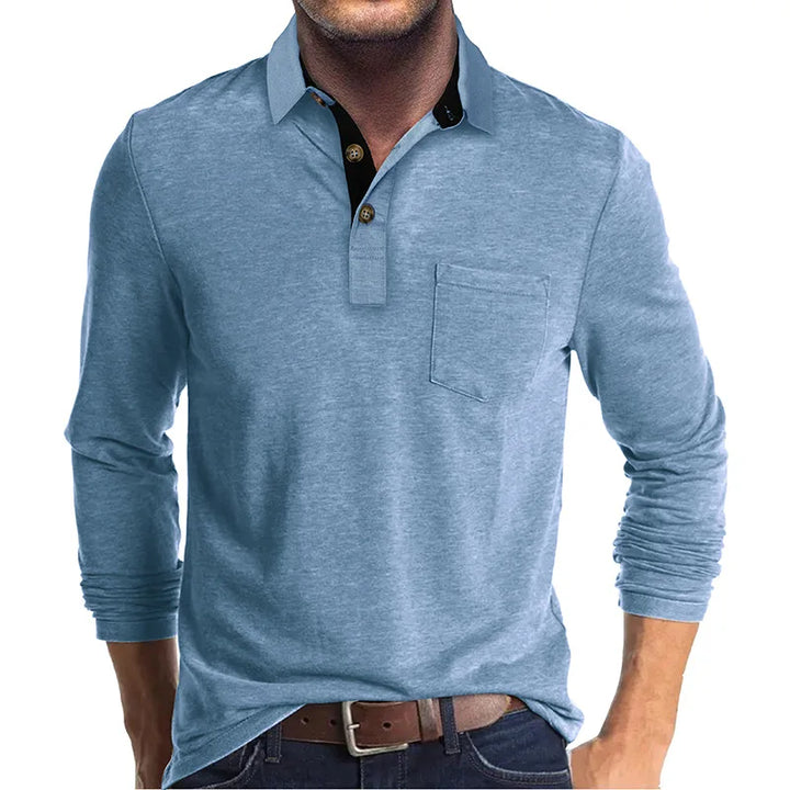 Donkerblauwe heren langemouw polo, ideaal voor zowel casual als smart-casual stijl.