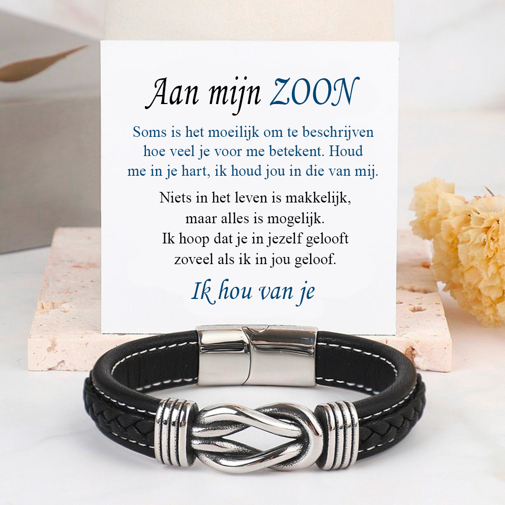 Heren leren armband met roestvrijstalen sluiting, een betekenisvol liefdessymbool voor zoon.