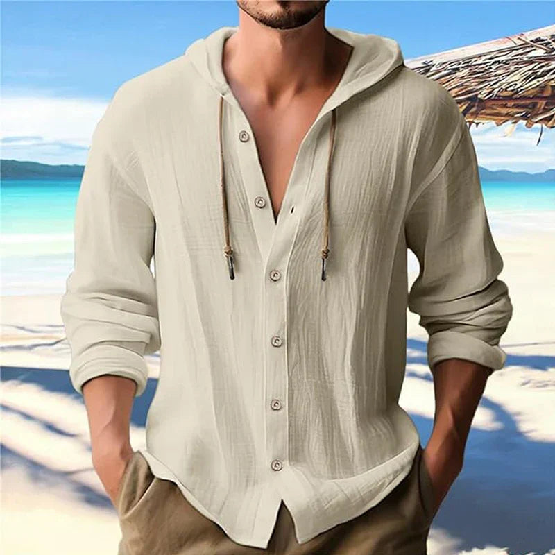 Casual heren capuchon shirt van ademend linnen, ideaal voor strand en zomerse dagen.
