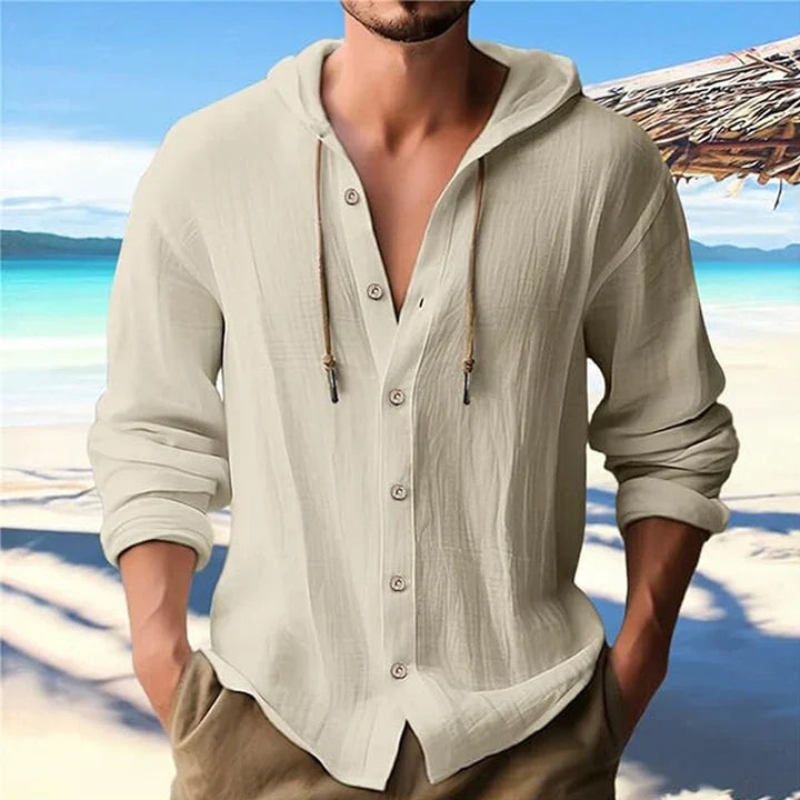 Casual heren capuchon shirt van ademend linnen, ideaal voor strand en zomerse dagen.