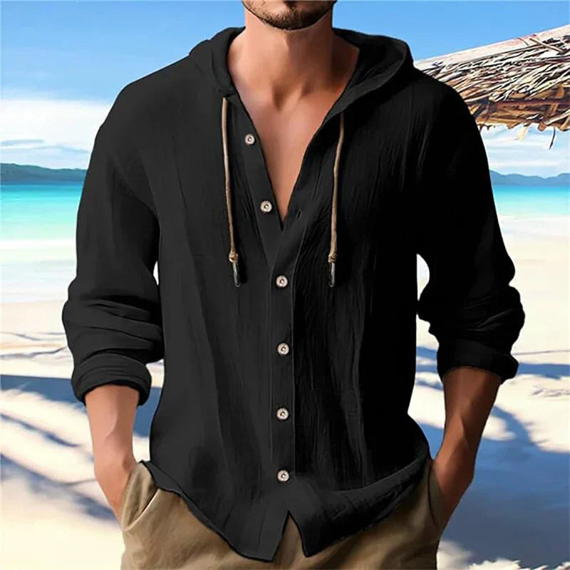 Ademend heren shirt met capuchon en lange mouwen, perfect voor zomerse vrijetijdskleding.