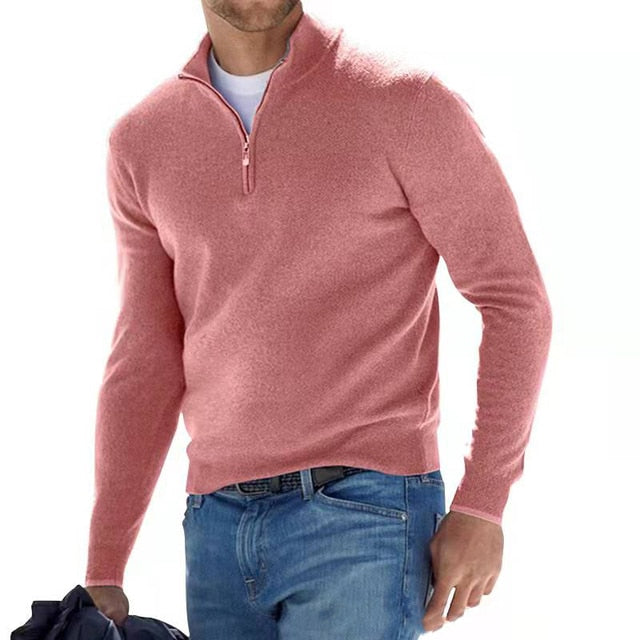 Comfortabele heren V-hals trui met rits, ademend en zacht Merino. Geschikt voor casual herenmode lente/herfst.