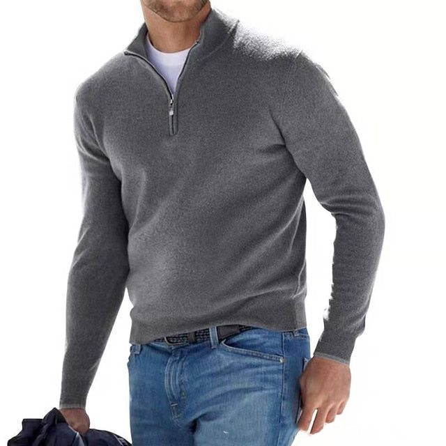 Ademende en geurwerende heren V-hals trui met rits. Moderne Luca Belloni Merino pullover, comfortabel.
