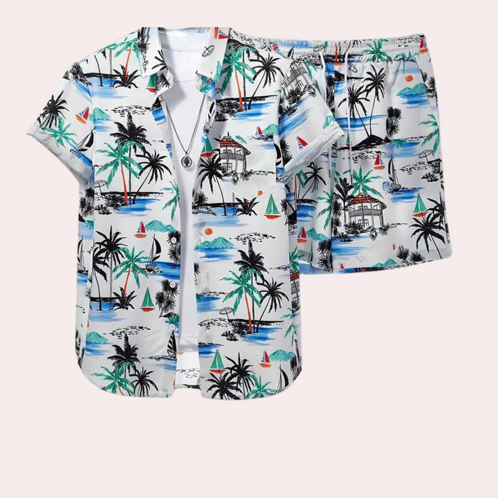 Stijlvolle heren zomerkleding set: casual t-shirt en shorts, perfect voor warme dagen en ontspanning.