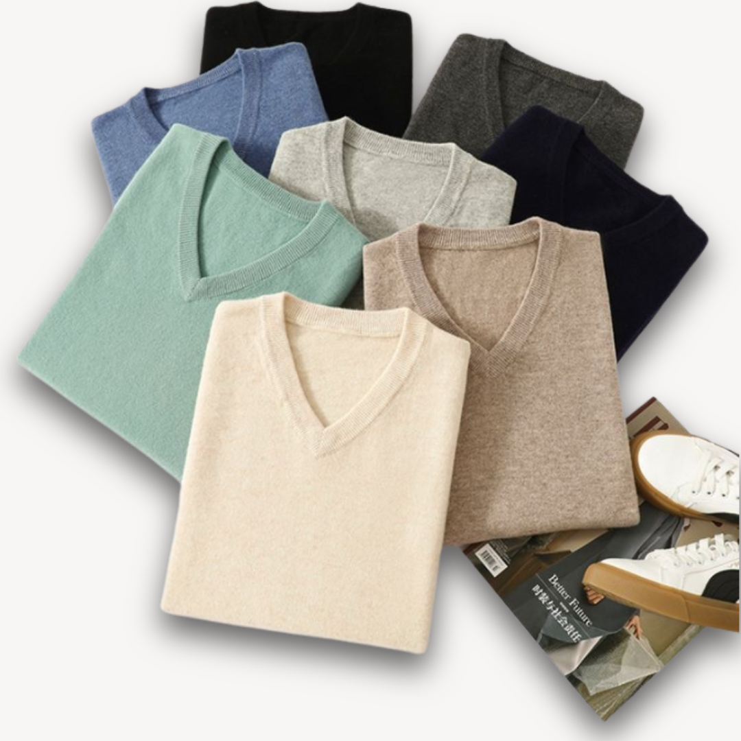 Comfortabele en elegante heren V-hals trui van cashmere, een investering in stijl en warmte.