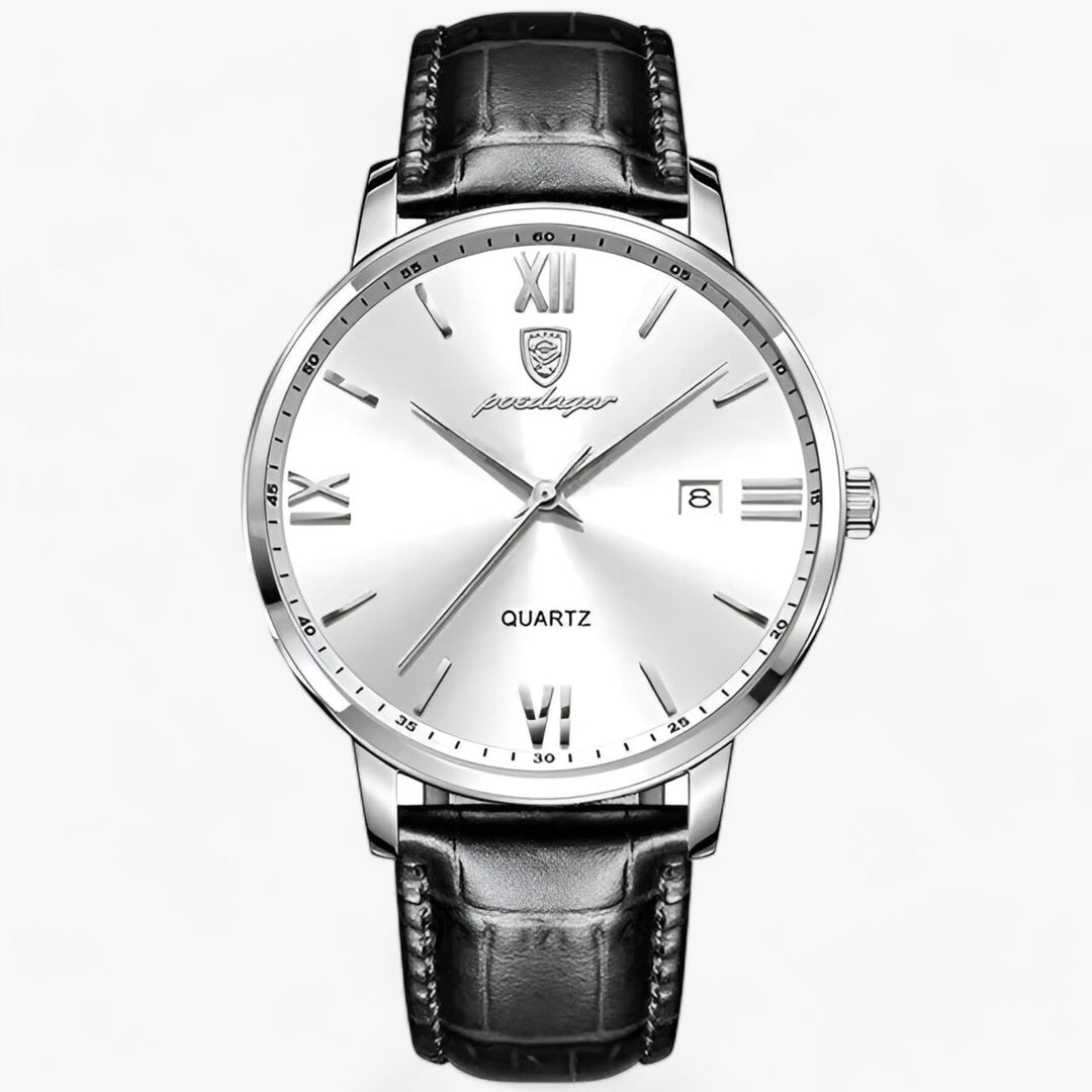 "Heren luxe horloge met elegante leren band en roestvrijstalen kast, perfect voor dagelijks dragen."