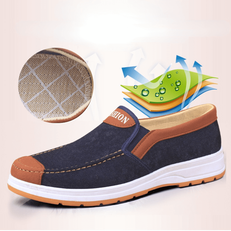 Gemakkelijke slip-on heren schoenen van Matteo, verkrijgbaar in blauw of grijs. Combineert comfort met stijl.