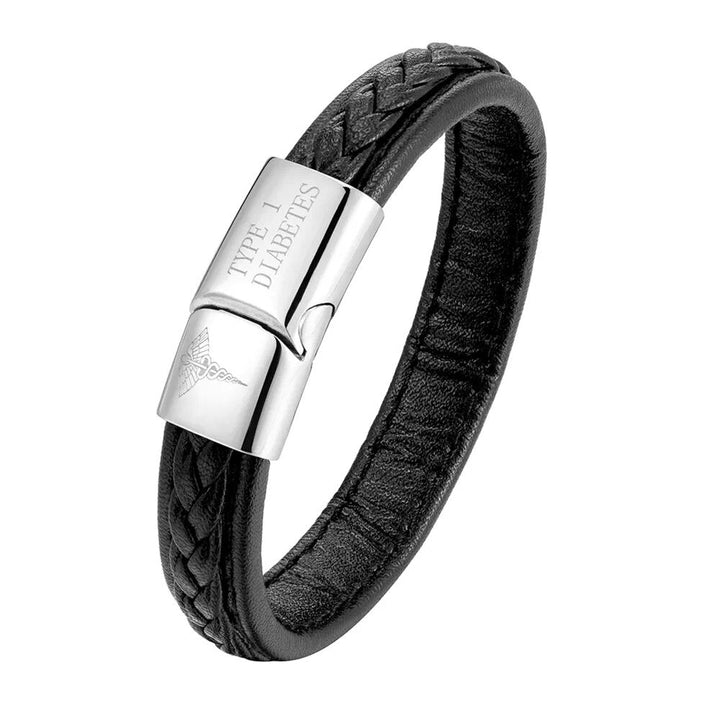 Diabetes alert armband voor heren. Zilverkleurige medische ID sieraden, discreet en levensreddend.