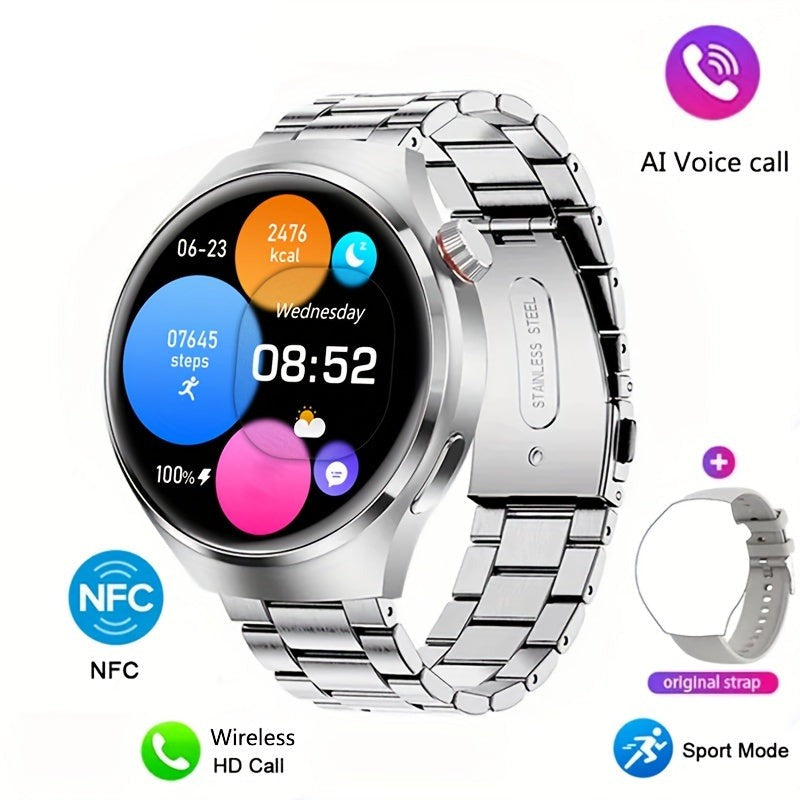 Close-up van het heldere display van de Orion heren smartwatch, toont tijd, meldingen en sportdata.