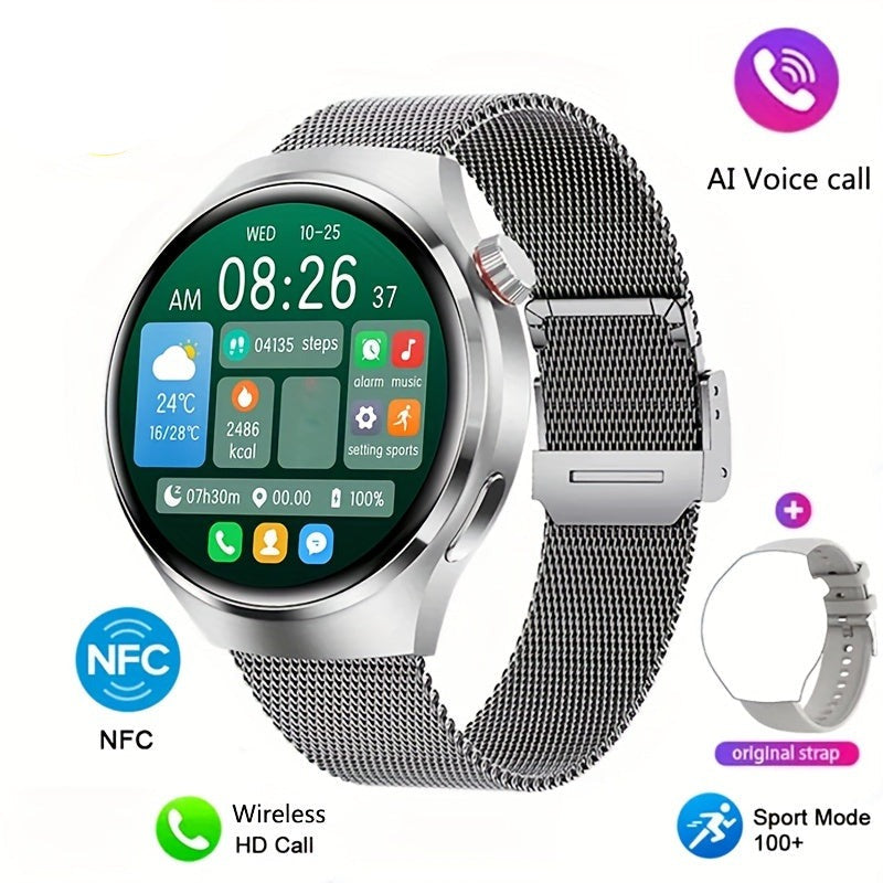 De Orion heren NFC smartwatch op een bureau, symboliseert slimme technologie en connectiviteit.