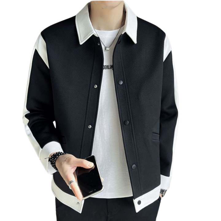 Heren patchwork jack in beige en zwart, comfortabel en stijlvol. Trendy herenjas voor casual mode.