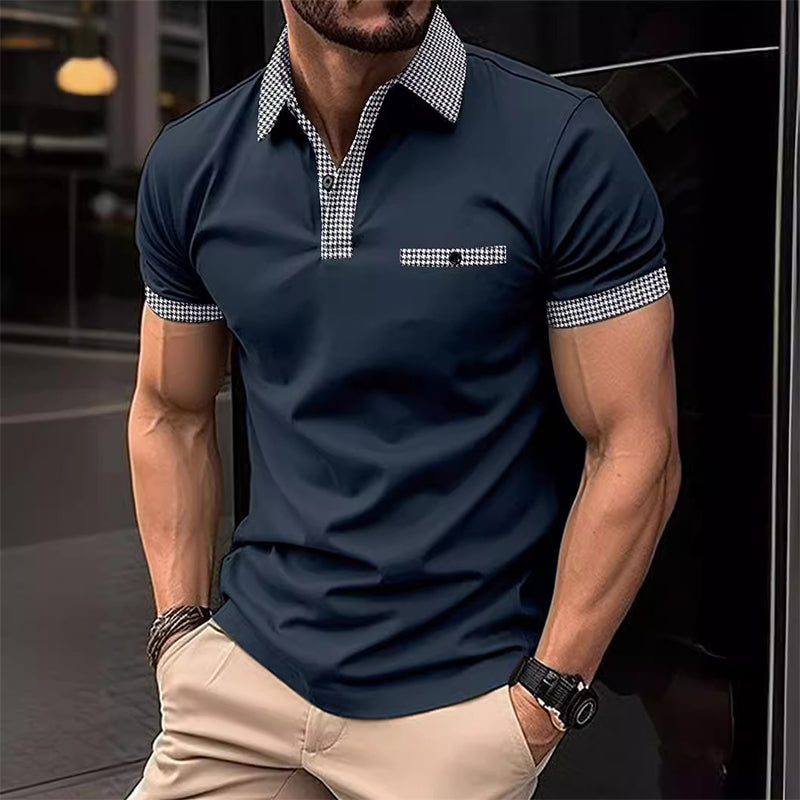Heren polo met korte mouwen en stijlvol pied-de-poule patroon, perfect voor een casual zomerlook.