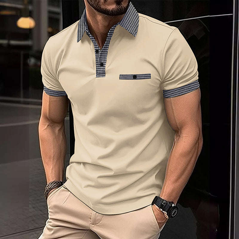 Heren polo shirt met korte mouwen, een moderne pied-de-poule print en een flatterende pasvorm.