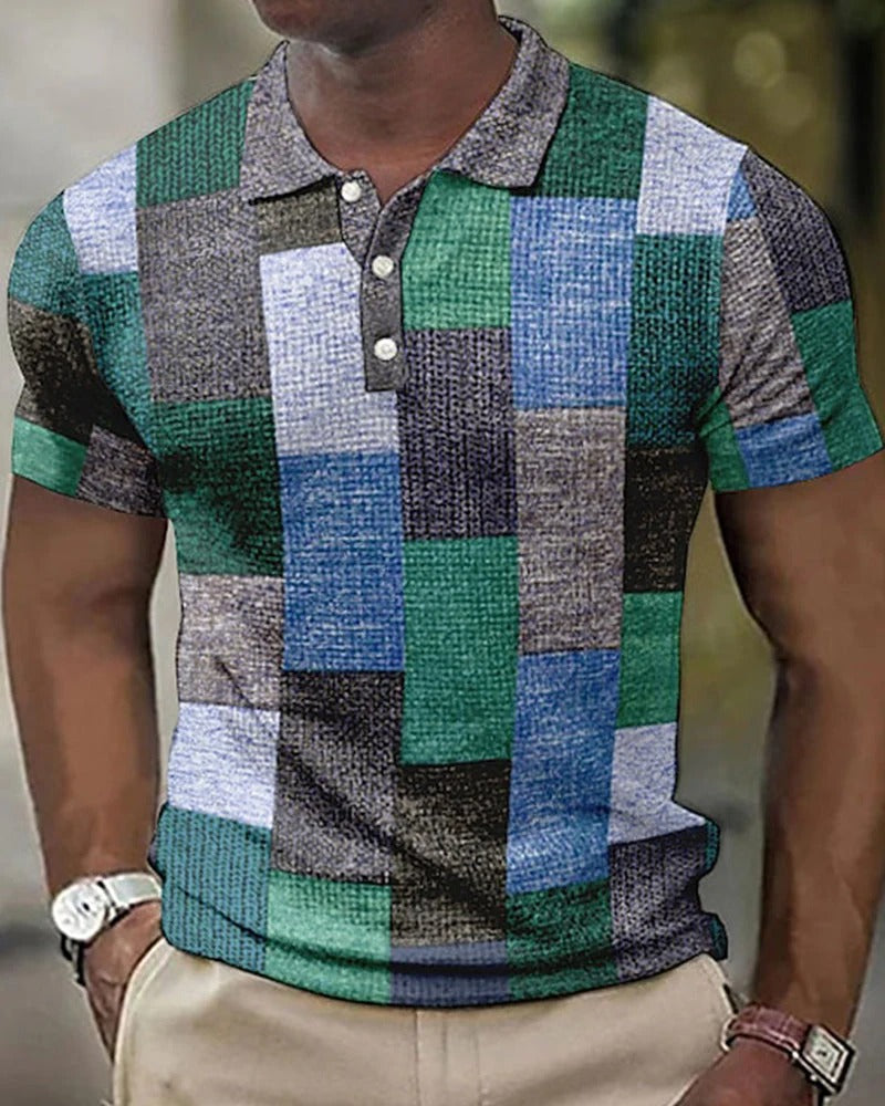 Heren polo met modern rasterpatroon, perfect voor een stijlvolle, casual zomerlook. Ademende korte mouw top.