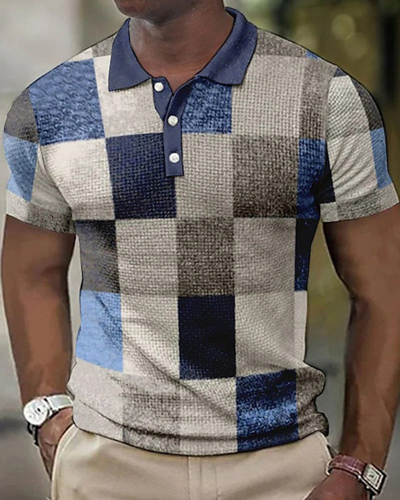 Comfortabele heren polo met uniek 3D rasterpatroon, ideaal voor casual mannenmode en warme zomerdagen.