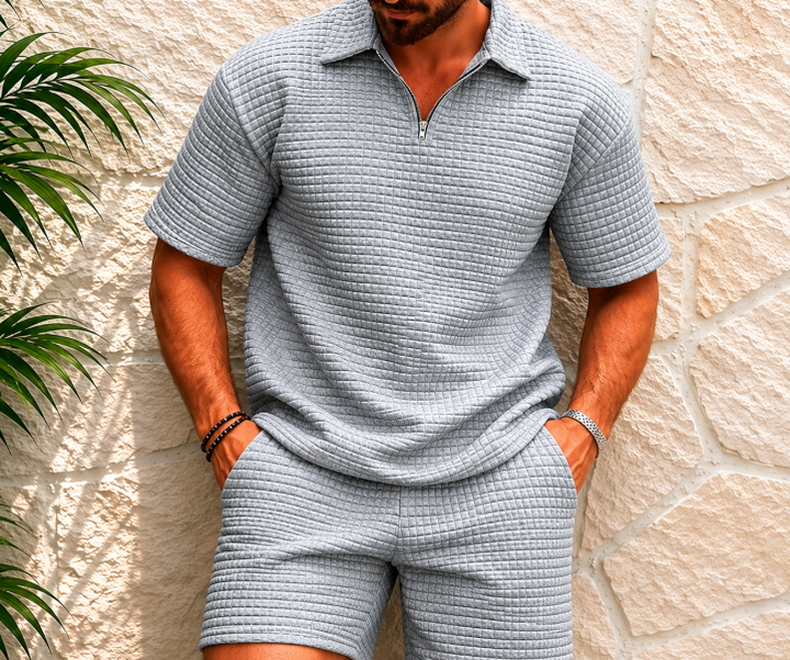 Casual heren polo shirt en shorts set met rits en korte mouwen in relaxte fit