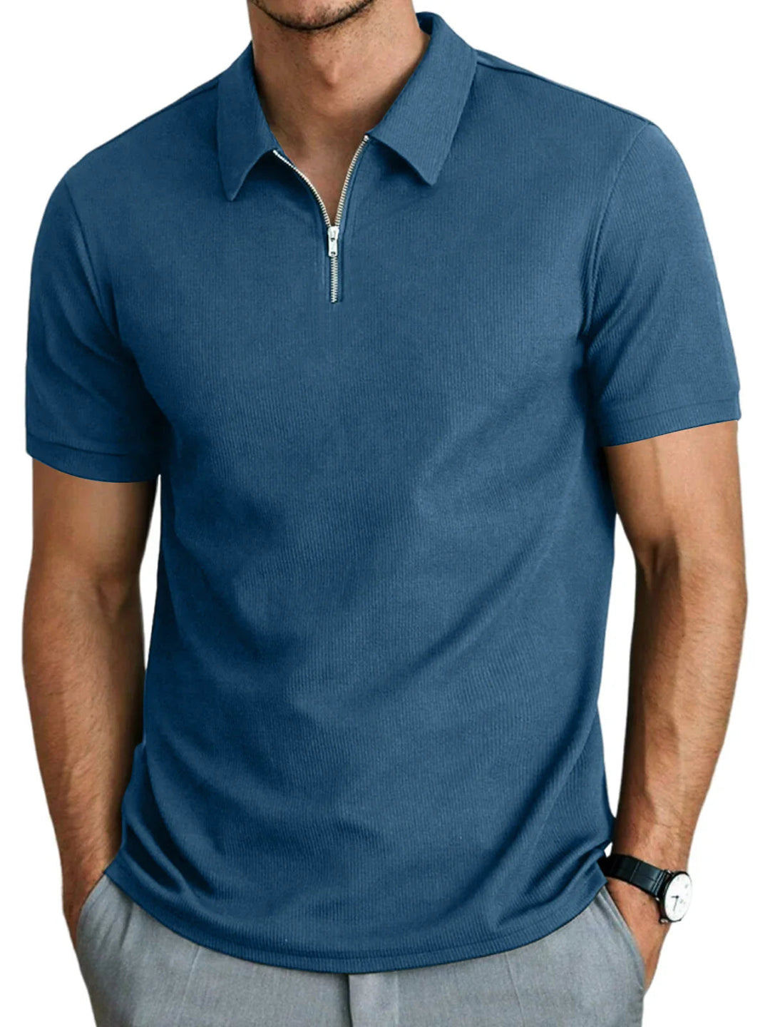 Heren poloshirt met korte mouwen en rits in blauw