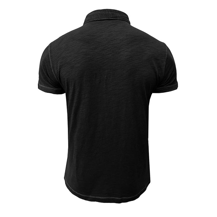 Textuur van zacht katoenen heren poloshirt, comfortabele Matteo polo stof.