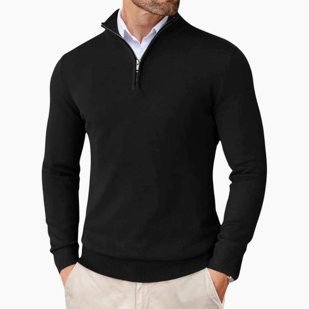 Bordeauxrode heren trui met kwart rits en geribbelde details. Perfect voor een warme, casual winter look.