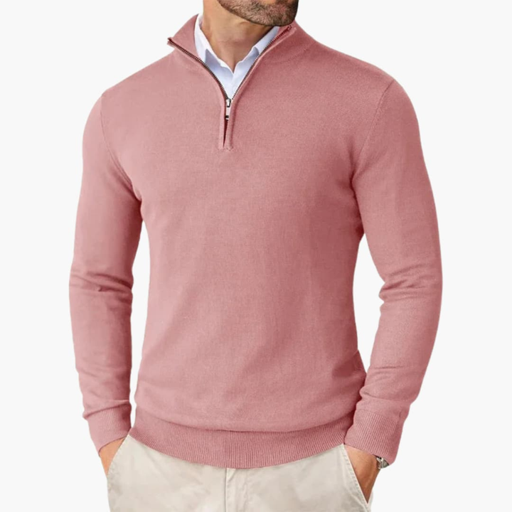 Donkergrijze heren pullover met kwart rits en geribbelde zoom. Comfortabel en modieus voor vrijetijd en winter.