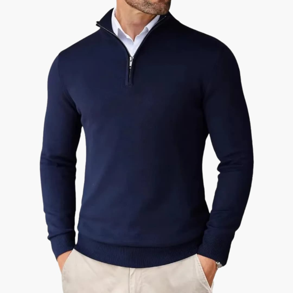Stijlvolle heren pullover met geribbelde details en kwart rits. Een comfortabele keuze voor casual vrijetijd.