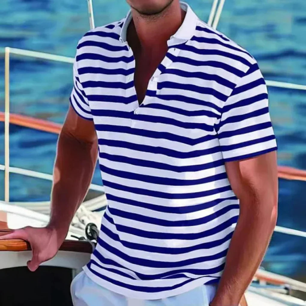 Stijlvol retro heren poloshirt met roze en witte strepen, comfortabel en perfect voor de zomer.