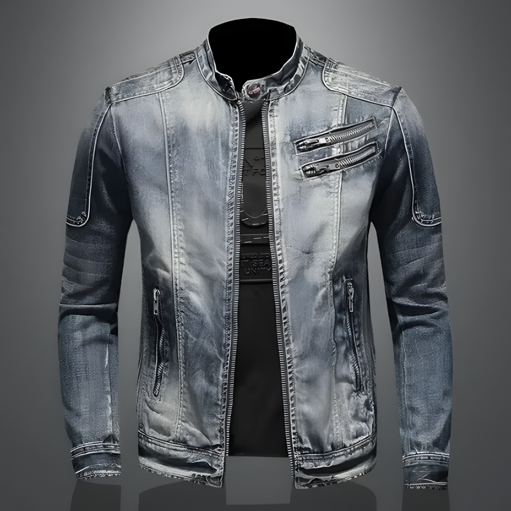 Heren retro jeansjack, casual blauwe zomerjas in tijdloze bikerstijl voor stedelijke avonturen, comfortabel en stijlvol.