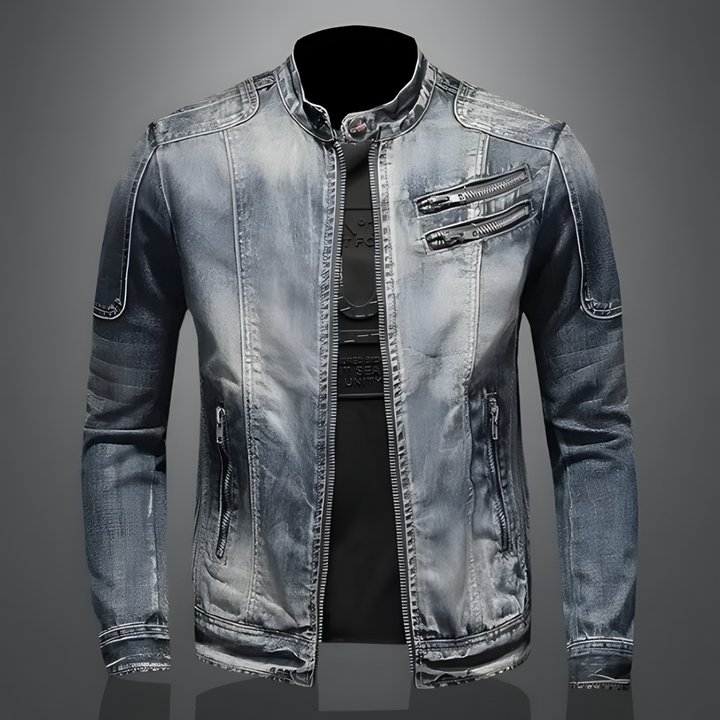 Heren retro jeansjack, casual blauwe zomerjas in tijdloze bikerstijl voor stedelijke avonturen, comfortabel en stijlvol.