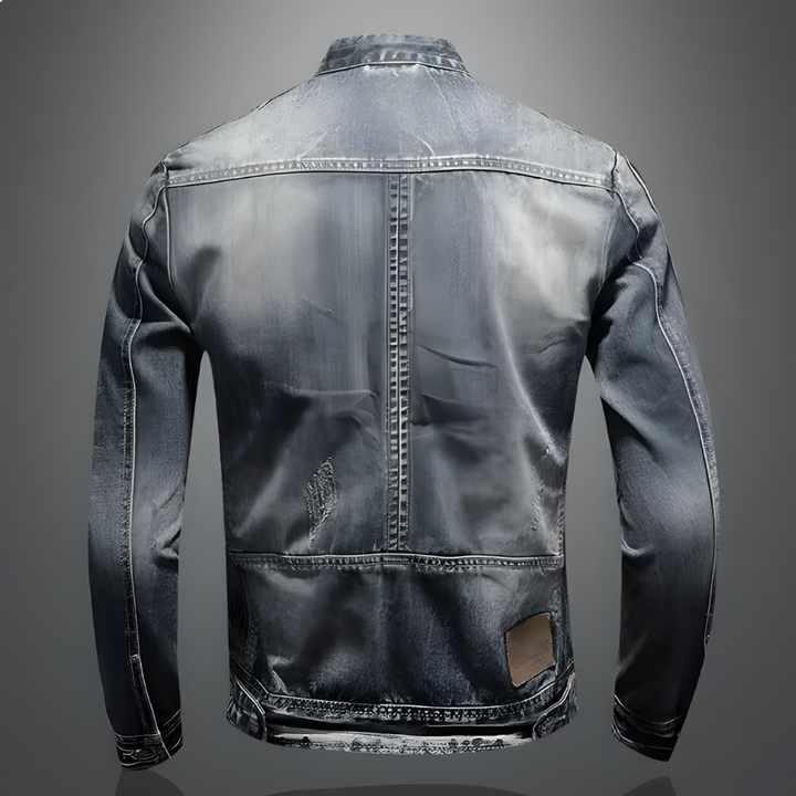 Blauw retro spijkerjack voor heren, duurzame buitenkleding in bikerstijl, ideaal voor een trendy stedelijke outfit.