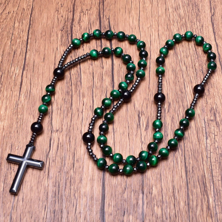 Prachtige Orion heren rozenkrans ketting met lapislazuli, tijgeroog en een gedetailleerd kruis.