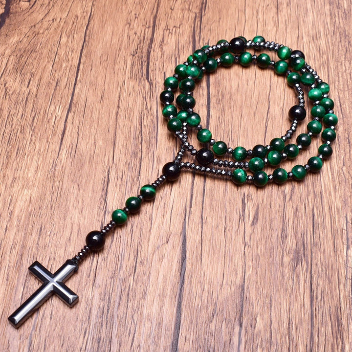 Handgemaakte heren rozenkrans ketting Orion met tijgeroog en lapislazuli edelstenen.