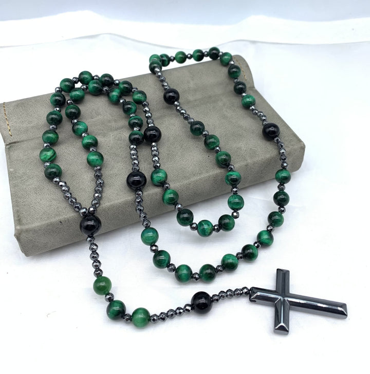 Verfijnde heren ketting: Orion rozenkrans met lapislazuli, tijgeroog en jaspis kruis.