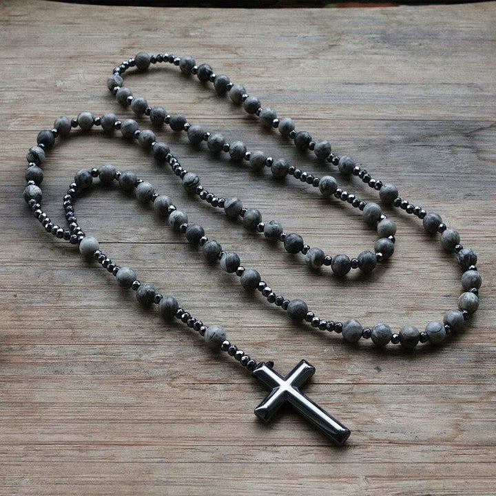 Spirituele Orion heren rozenkrans ketting met edelstenen tijgeroog en lapislazuli, plus kruis.