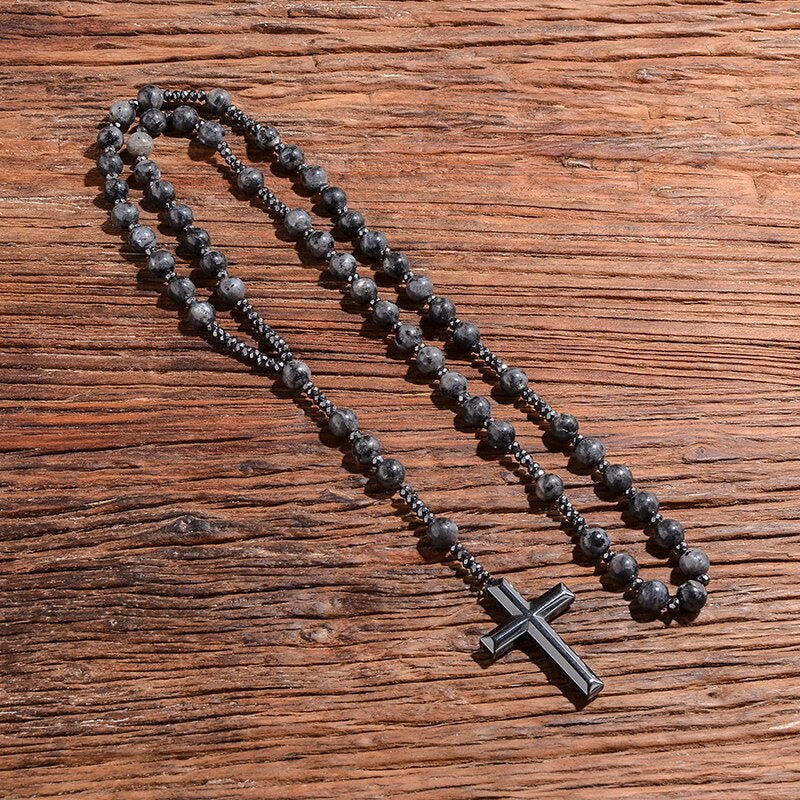 Trendy heren rozenkrans ketting met tijgeroog, lapislazuli en een stijlvol kruis. Product Orion.
