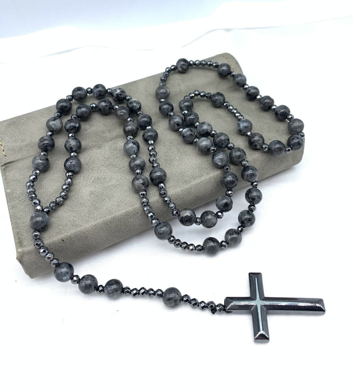 Orion heren rozenkrans: lapislazuli, tijgeroog edelstenen ketting met prominent kruis.