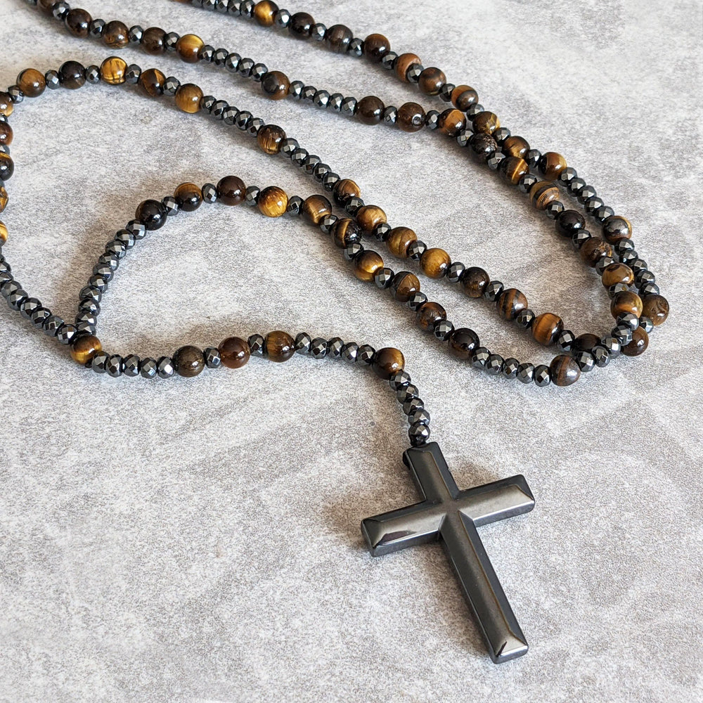 Stijlvolle heren tijgeroog & lapislazuli rozenkrans ketting met kruis. Orion collectie.