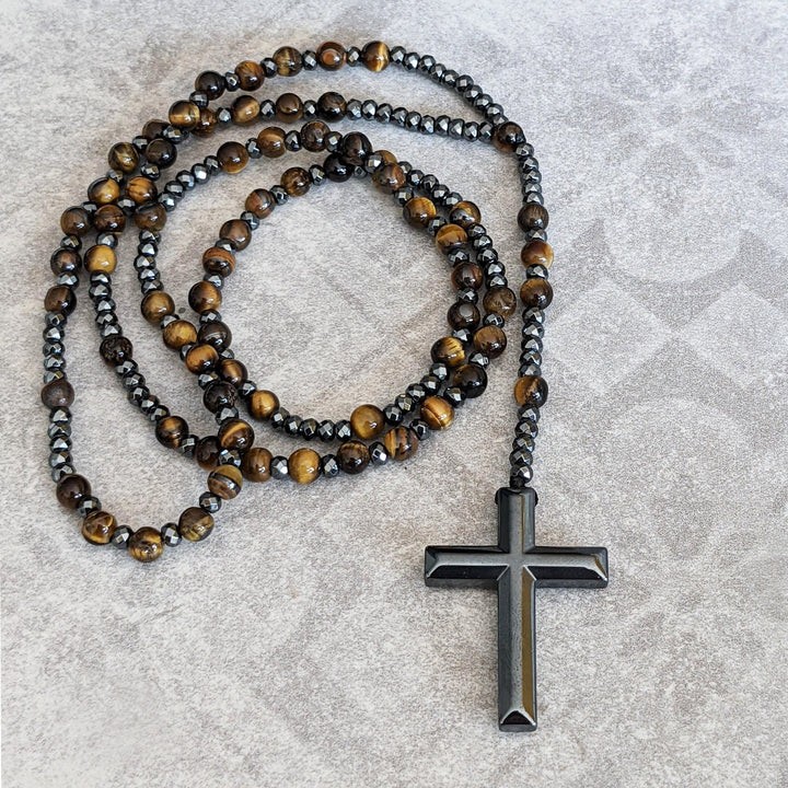 Orion heren rozenkrans ketting: lapislazuli, tijgeroog edelstenen & kruishanger.