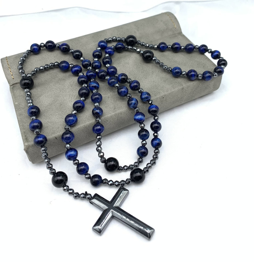 Orion: Heren rozenkrans ketting van tijgeroog, lapislazuli en jaspis edelstenen met kruis.