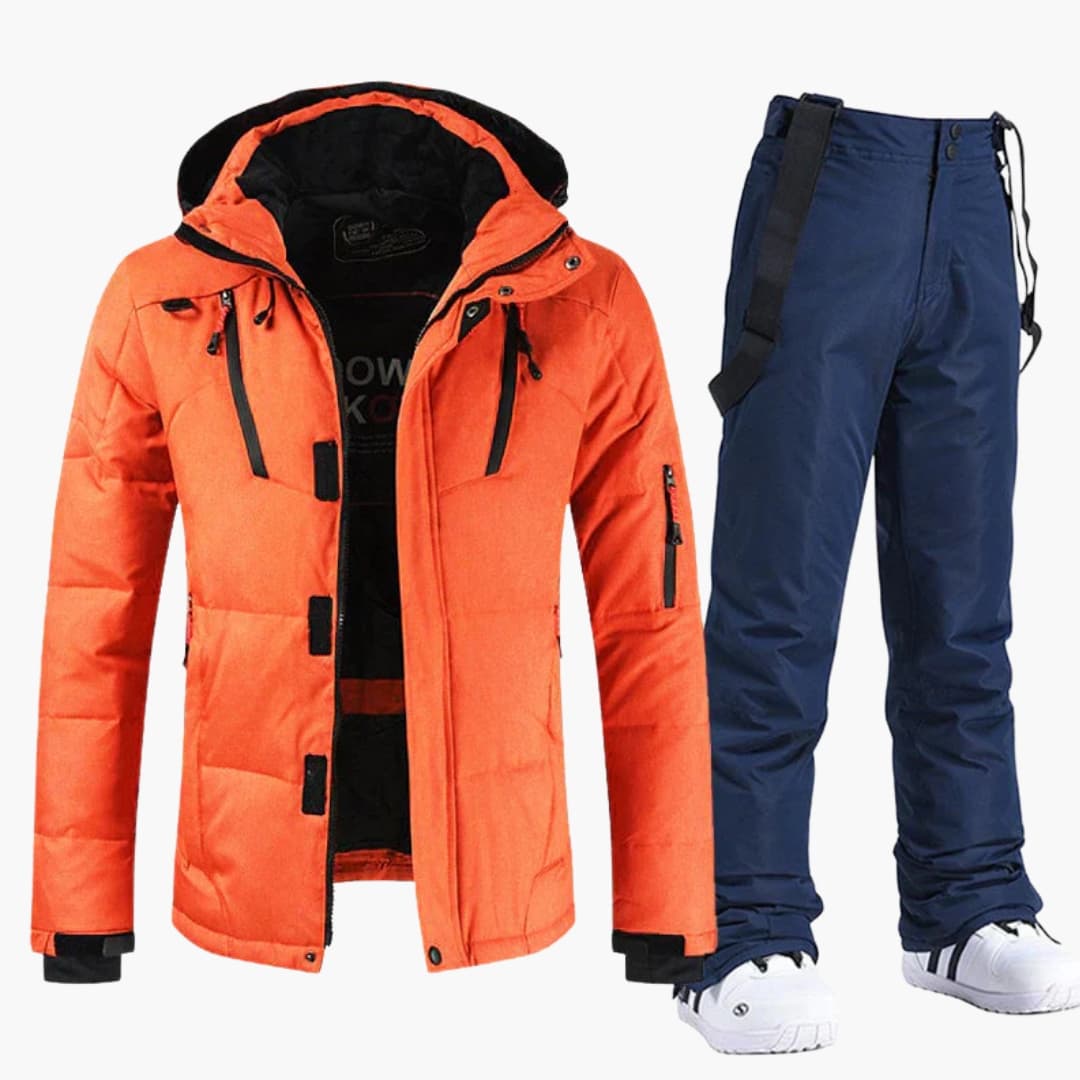 Stijlvolle heren ski outfit in actie, bestaande uit een modern ski-jack en comfortabele skibroek.