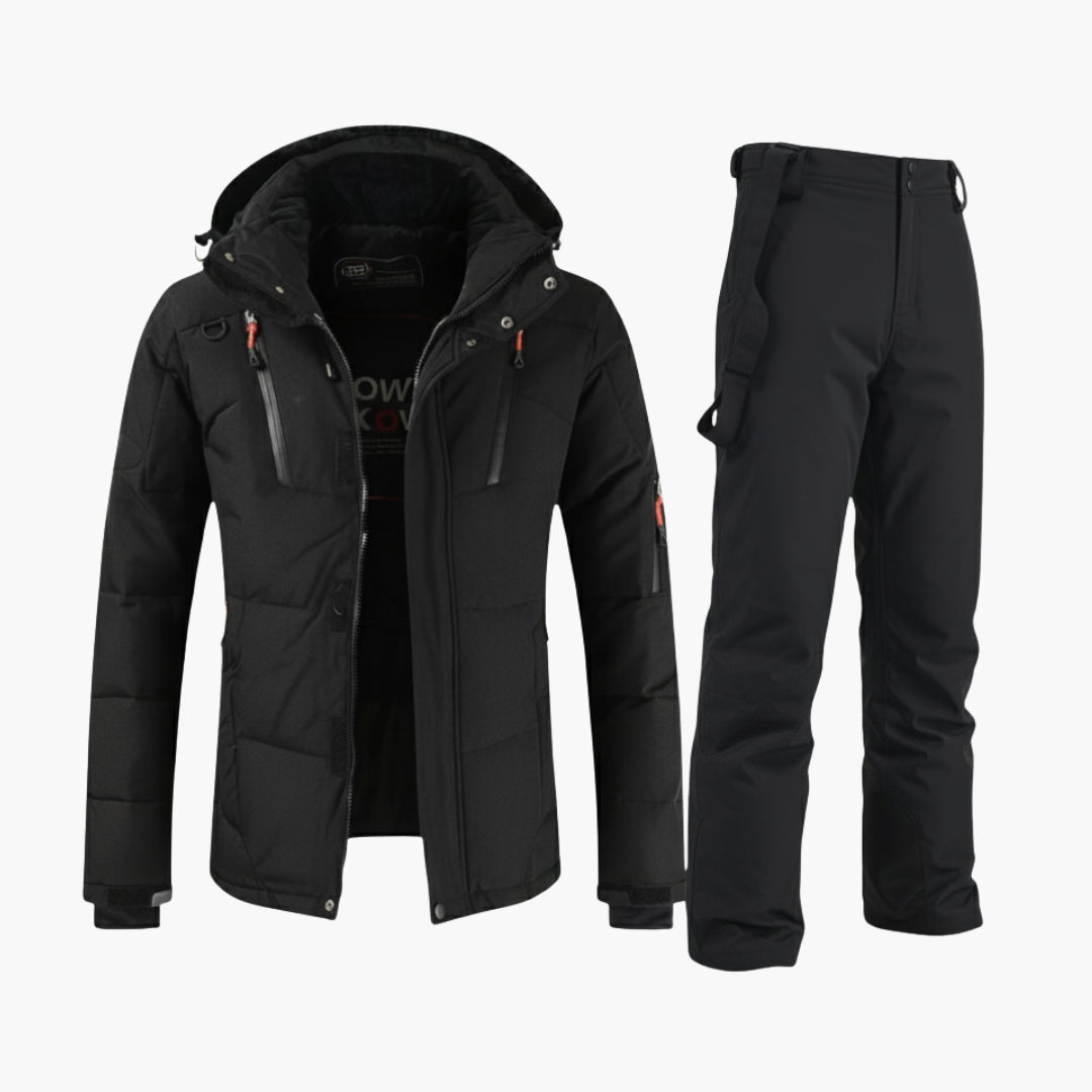 Hoogwaardige heren sportkleding: complete ski set met warme winterjas en skibroek voor outdoor skiën.