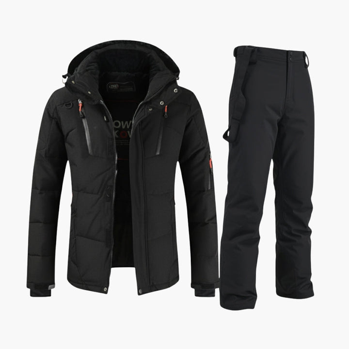 Hoogwaardige heren sportkleding: complete ski set met warme winterjas en skibroek voor outdoor skiën.