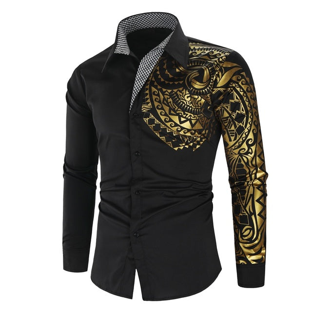 Heren slim fit overhemd met gouden accenten en lange mouwen, ideaal voor een stijlvolle avondlook.