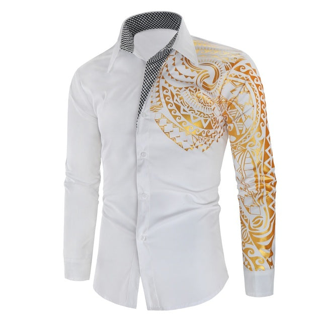 Luxe slim fit herenoverhemd met opvallende gouden details en lange mouwen; een must-have voor elke garderobe.