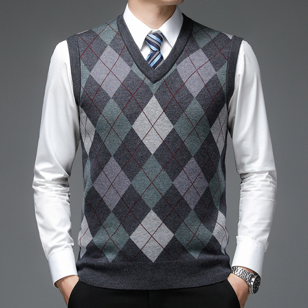 Heren spencer met stijlvol argyle ruitpatroon; klassiek, comfortabel en veelzijdig.