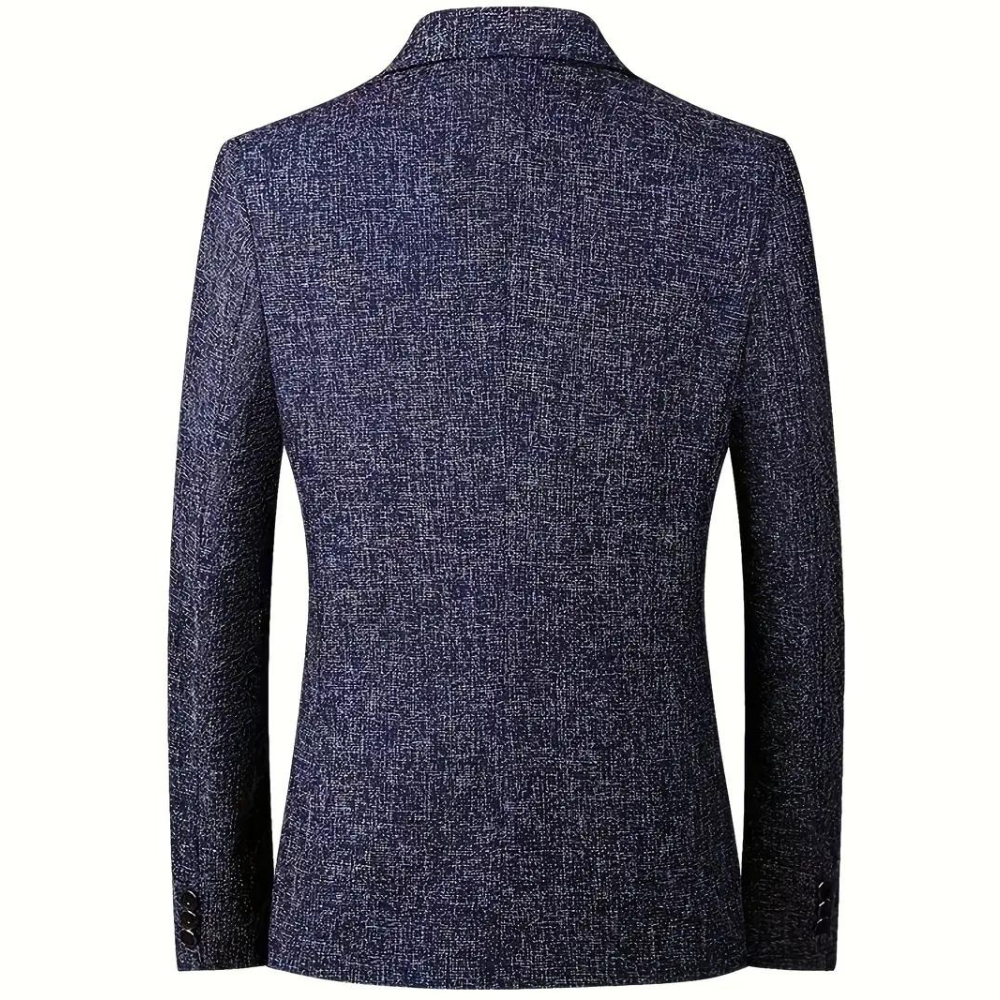 Stijlvolle heren blazer met moderne pasvorm, essentieel voor een complete modieuze herengarderobe.