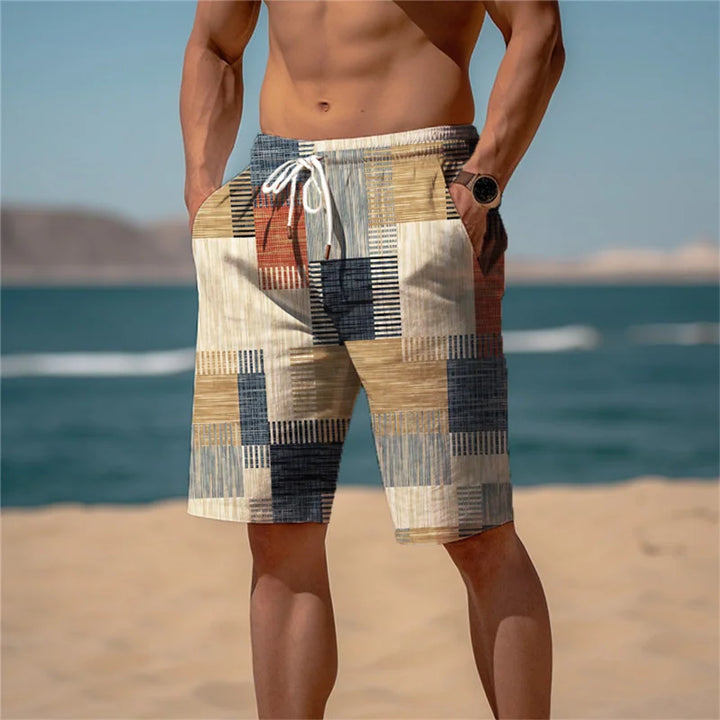 Trendy heren strandshorts met opvallende 3D-print en kleurblokdesign, ideaal voor sportieve zomeractiviteiten.