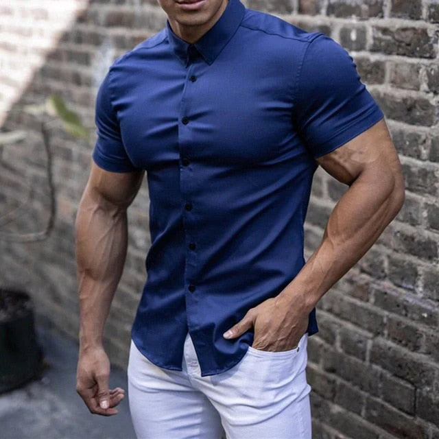 Heren stretch overhemd korte mouwen, strakke pasvorm. Comfortabel voor zakelijk & casual gebruik.